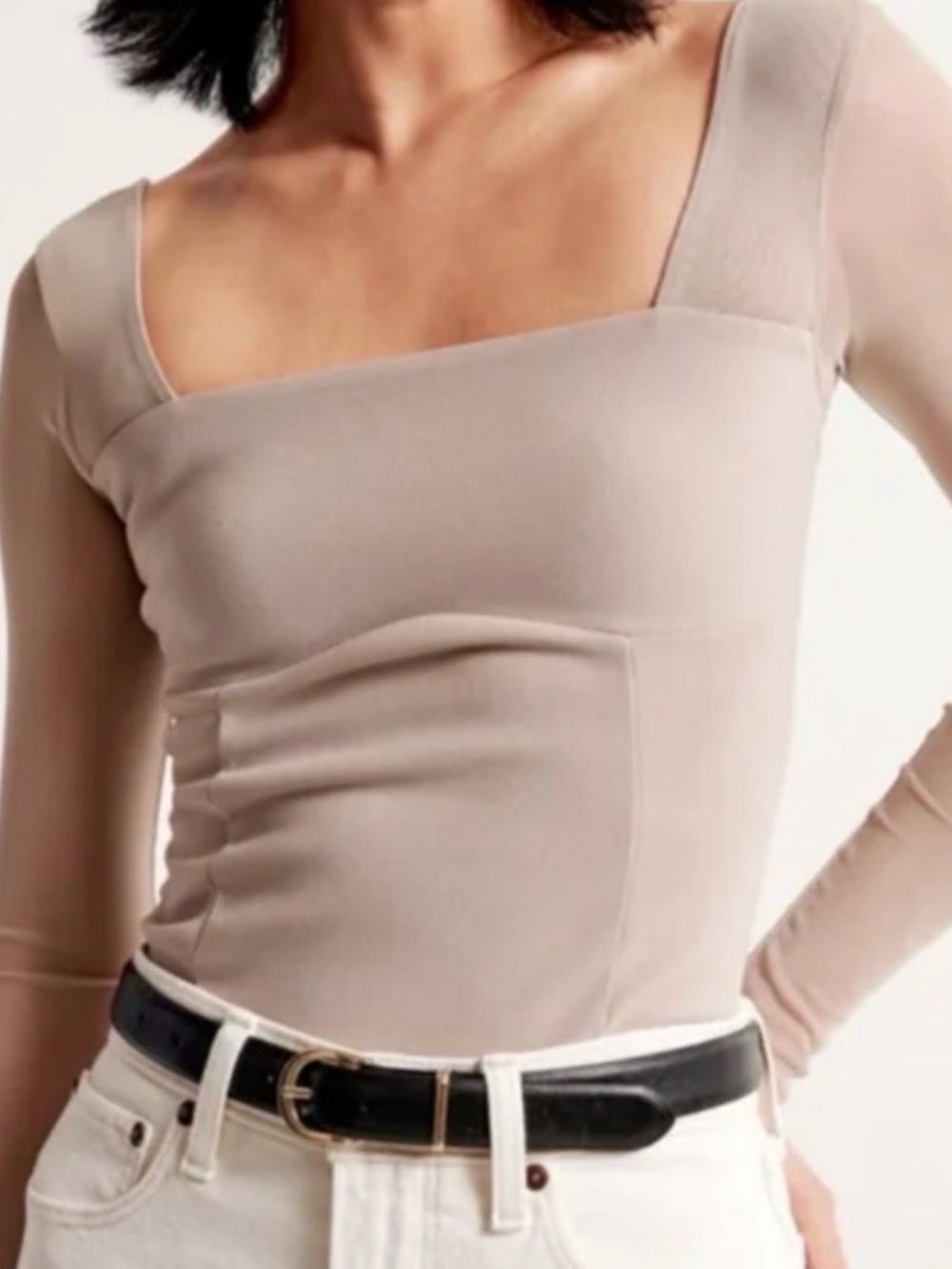Abercrombie & Fitch Square Neck Long Sleeve Top in Taupe